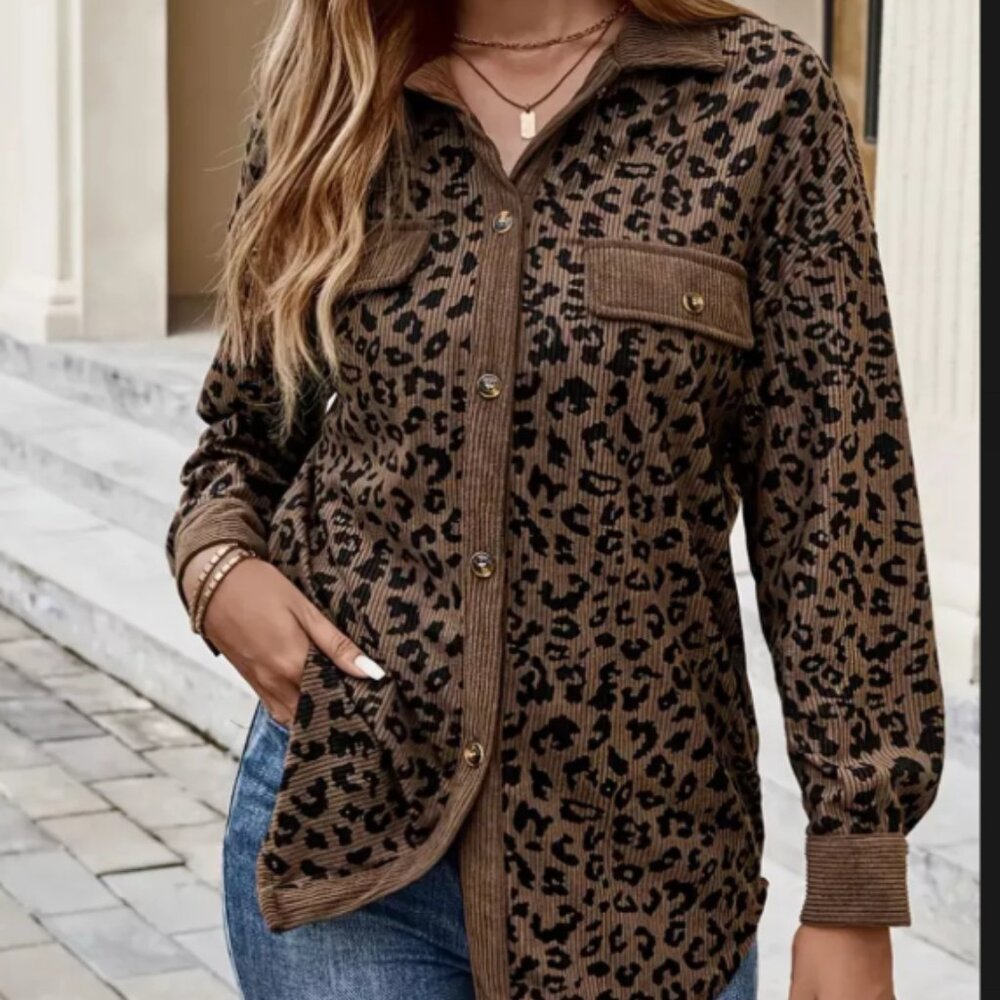 WildHeart Leopard Print Corduroy Button-Up Jacket Size Large